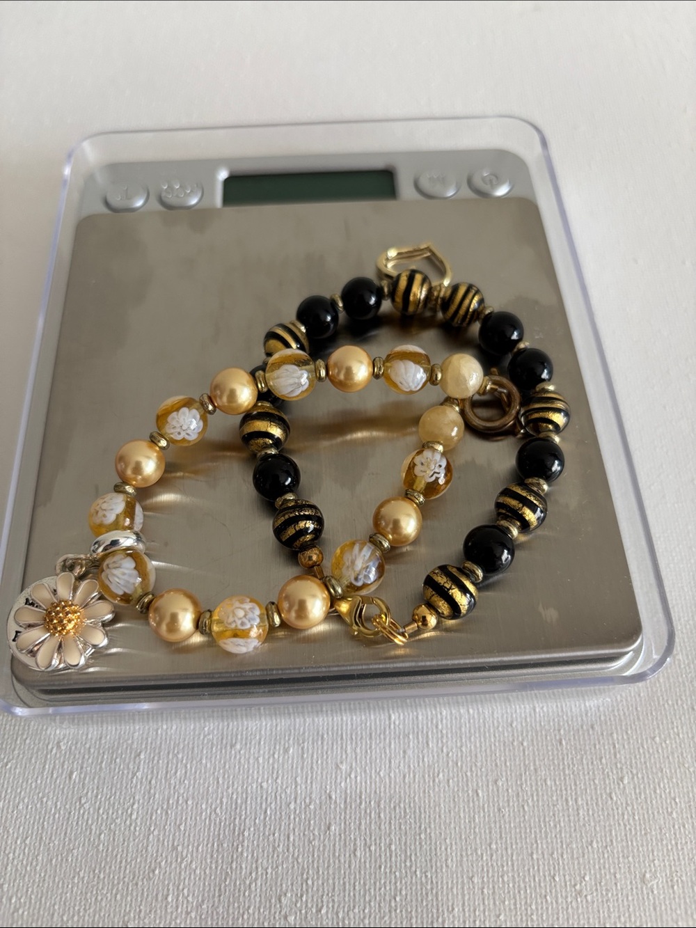 Gold & Black Beaded Floral Charm Bracelet